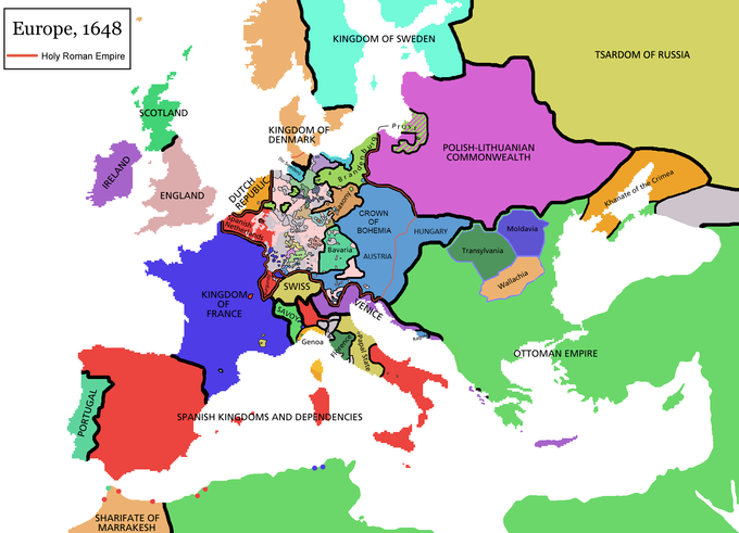 A simplified map of Europe in 1648, showing the new borders established after the Peace of Westphalia.