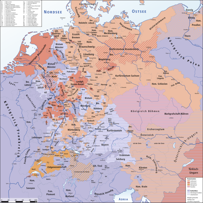 German map of religious demographics in the Holy Roman Empire before the outbreak of the Thirty Years' War.
