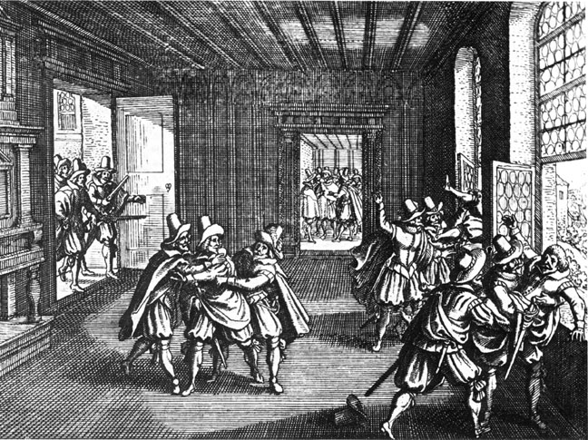 A woodcut of the Defenestrations of Prague, depicting several men tossing another man out of a window to the right and other men around the room pushing others toward the windows.