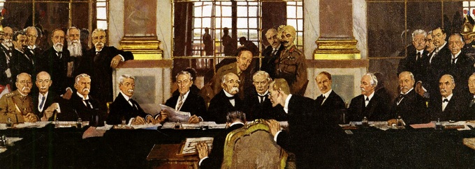 A painting of German Johannes Bell signing the Treaty of Versailles in the Hall of Mirrors, with various Allied delegations sitting and standing in front of him.