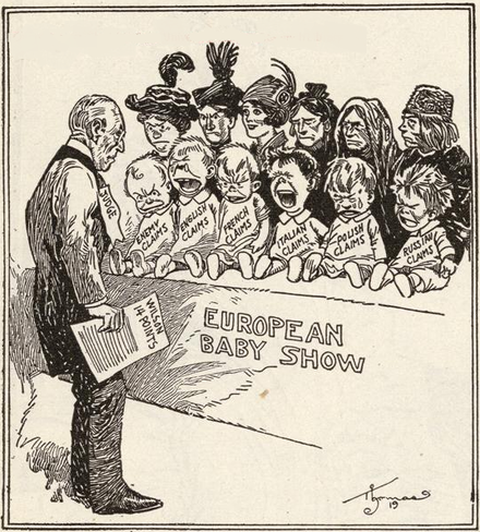 American political cartoon, 1919. It depicts Wilson holding his 14 points on a piece of paper and label 