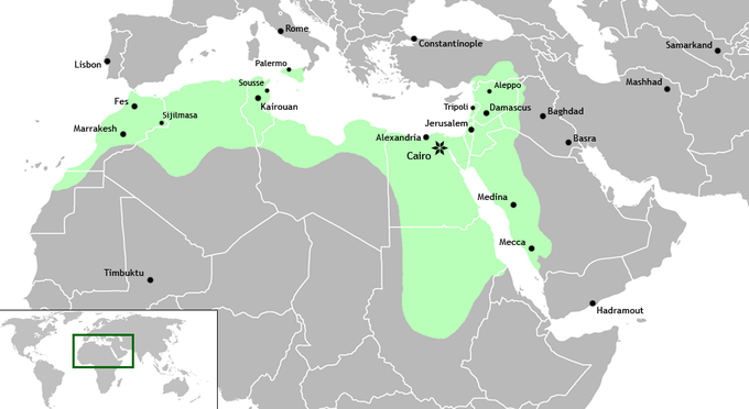 At its height, the Fatimid Caliphate covered portions of modern-day Western Sahara, Morocco, Algeria, Tunisia, Libya, Egypt, Sudan; the entirety of modern-day Israel, the West Bank, and Jordan; and portions of modern-day Saudi Arabia, Syria, and Iraq. The capital of the caliphate was Cairo.