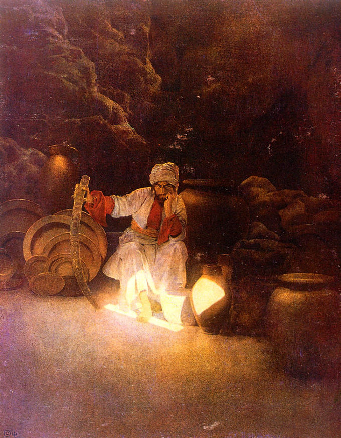 Image of Cassim, the brother of Ali Baba, seated with a sword in hand.