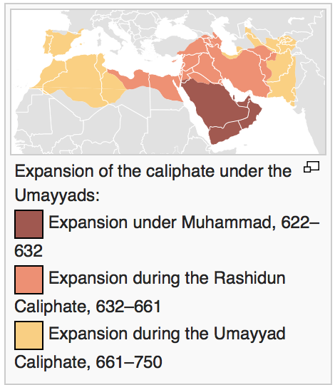 Under Muhammad, from 632-661, the caliphate expanded to cover the majority of the modern-day Arabian Peninsula, including a portion of modern-day Jordan, most of modern-day Saudia Arabia, and the entirety of modern-day Yemen, Oman, and the United Arab Emirates. Under the Rashidun Caliphate, from 632-661, the caliphate expanded to cover, from west to east, modern-day northern Libya and Egypt; the entirety of modern-day Cyprus, Israel, the West Bank, and Lebanon; portions of modern-day Lebanon, Turkey, and Saudi Arabia; the entirety of modern-day Syria, Iraq, and Armenia; and portions of modern-day Georgia, Russia, Azerbaijan, Iran, Turkmenistan, Afghanistan, and Pakistan. Finally, under the Umayyad Caliphate, from 661 to 750, the caliphate expanded to cover, from west to east, the entirety of modern-day Portugal and Morocco; portions of modern-day Spain, France, and Algeria; the entirety of modern-day Tunisia; portions of modern-day Libya, Iran, Turkmenistan, Uzbekistan, Afghanistan, Pakistan, Tajikistan, Kyrgyzstan, and India.