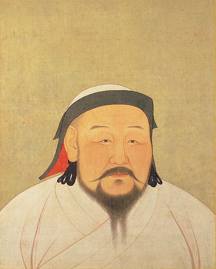 A painted portrait of Kublai Khan, with white robes and hat.