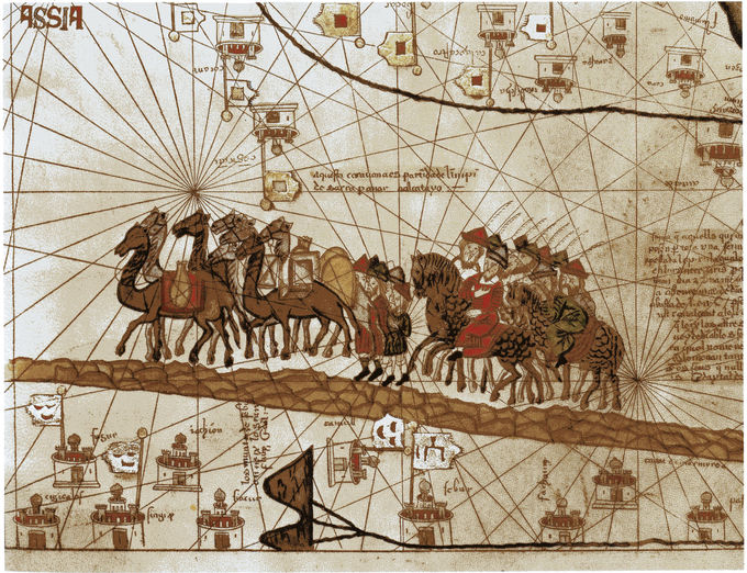 An image of a map of Asia with a painting of Europeans on horses alongside camels, traveling the Silk Road.