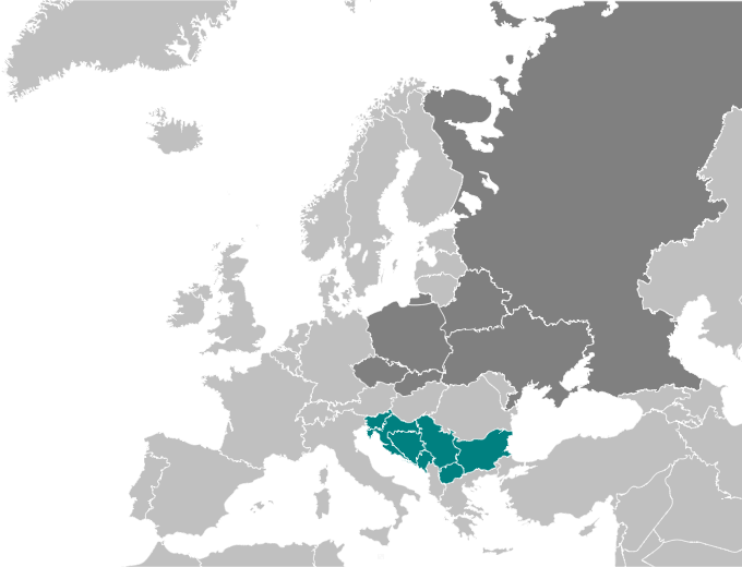 The maps shows that Slavic is the national language in Slovenia, Croatia, Bosnia and Herzegovina, Montenegro, Serbia, Macedonia, and Bulgaria.