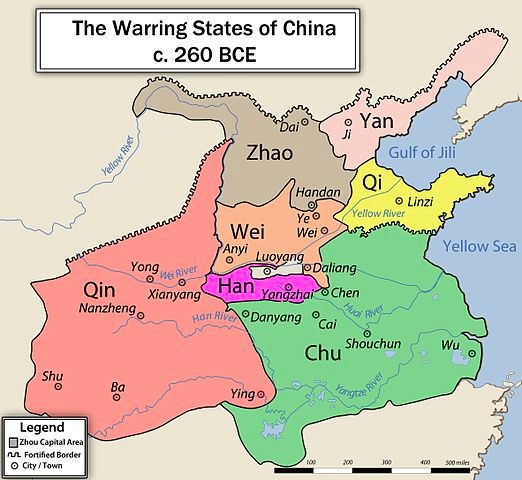 The map shows seven warring states: Zhao, Yan, Qi, Wei, Qin, Han, and Chu.