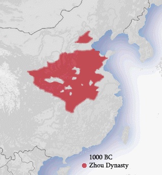 The map shows that the Zhou Dynasty covered portions of modern-day mid-eastern China.