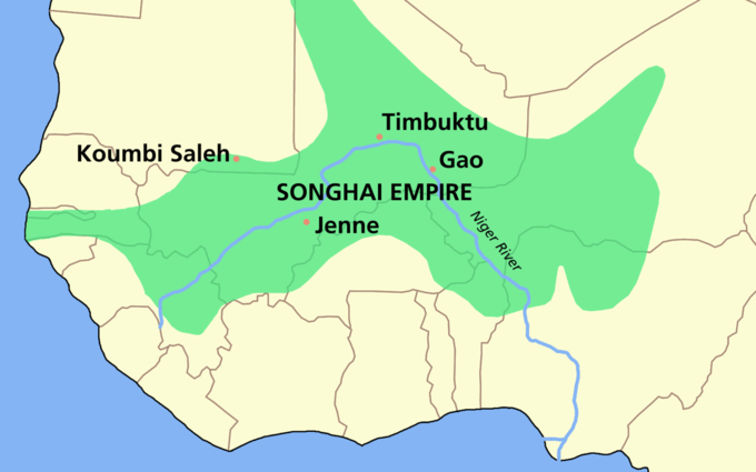 The map shows that the Songhai Empire covered portions of modern-day Gambia, Senegal, Guinea, Mauritania, Mali, Burkina Faso, Niger, Benin, and Nigeria.