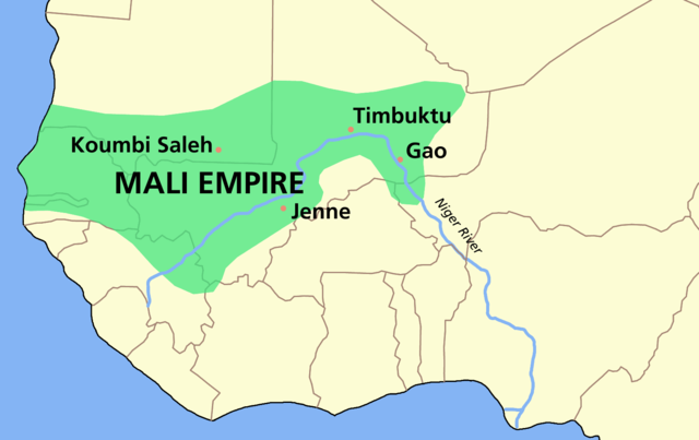 The map shows that the Mali Empire covered portions of modern-day Senegal, Gambia, Mauritania, Guinea, Mali, Burkina Faso, and Niger.