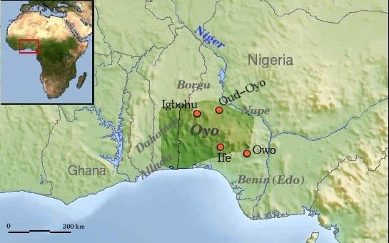 The maps shows Oyo Empire was a Yoruba empire of what is today Western and North central Nigeria, and Eastern Benin.