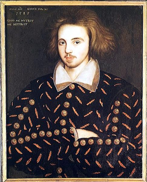 Oil painting of Christopher Marlowe, shown as a young man with chin-length brown hair, light facial hair, and arms crossed over his chest.
