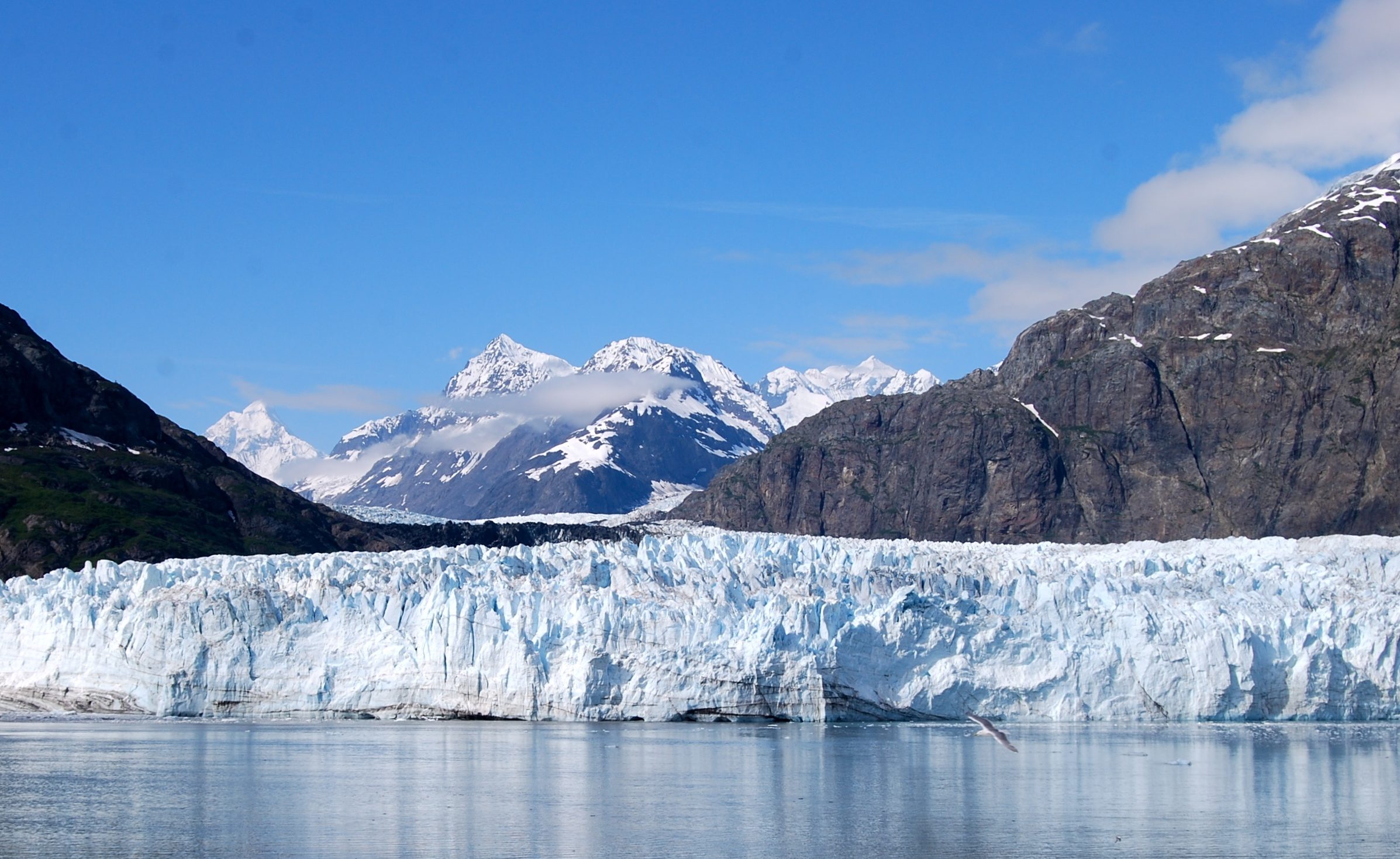 A glacier floating on a lake. The glacier is a wall of ice.