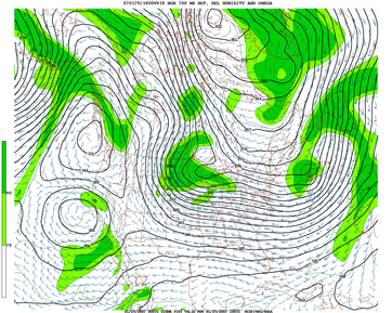 700 mb geopotential height and relative humidity forecast by the United States numerical weather prediction model NGM.