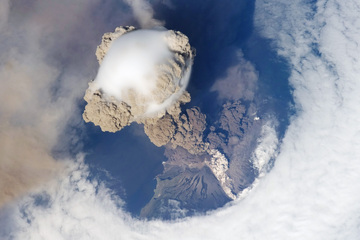 Volcanic eruption of Sarychev Peak as seen from the International Space Station.