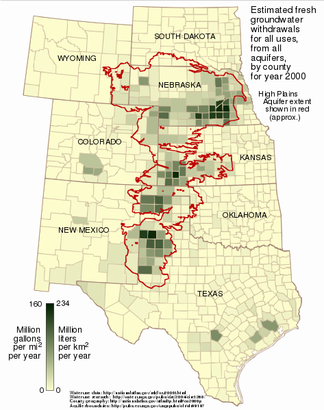 Estimated fresh groundwater withdrawals for all uses, from all aquifers by county for year 2000. The high Plans aquifer is found in portions of Nebraska, Kansas, Oklahoma, Texas, New Mexico, Colorado, Wyoming, and South Dakota.