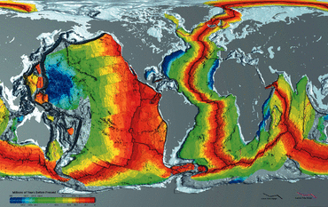 Map showing the age of oceanic crust; the youngest crust is spreading along the centers of oceanic plates.