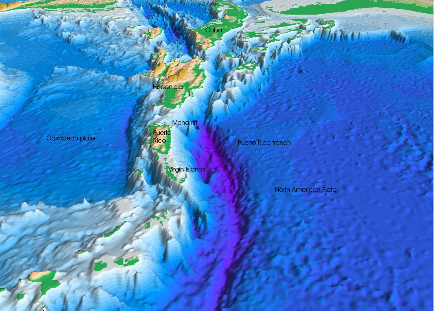 Perspective view of the sea floor of the Atlantic Ocean and the Caribbean Sea. The Lesser Antilles are on the lower left side of the view and Florida is on the upper right. The purple sea floor at the center of the view is the Puerto Rico trench, the deepest part of the Atlantic Ocean and the Caribbean Sea.