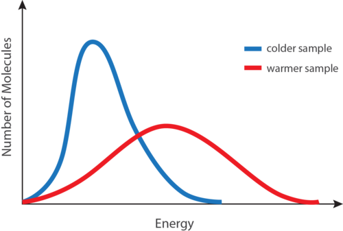 Graph of the distribution of molecular kinetic energies at high and low temperatures