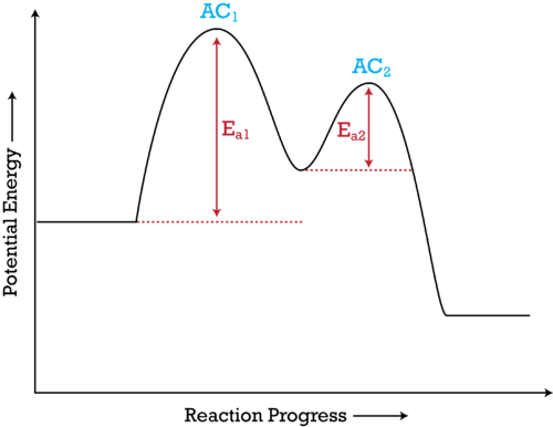 A potential energy diagram illustrates the course of a reaction across each elementary step