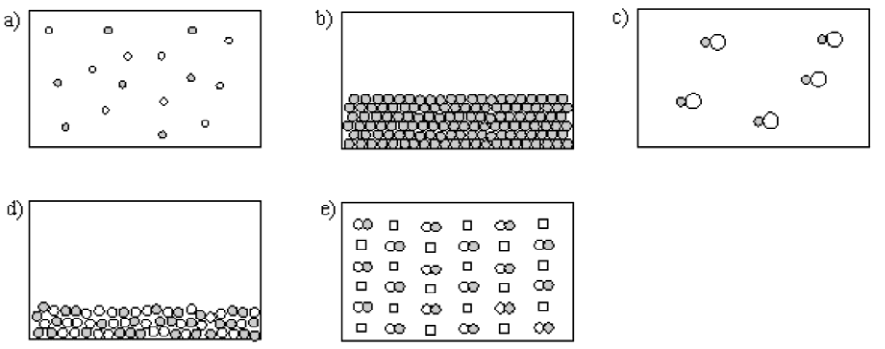 Choice A shows some scattered light and dark dots. Choice B shows tightly stacked dark dots. Choice C shows scattered partnerships of dark dots attached to light dots. Choice D shows stacked light and dark dots. Choice E shows uniformly spaced squares and partnerships of light and dark dots.