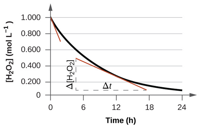 A graph is shown with the label, “Time ( h ),” appearing on the x-axis and “[ H subscript 2 O subscript 2 ] ( mol L superscript negative 1)” on the y-axis. The x-axis markings begin at 0 and end at 24. The markings are labeled at intervals of 6. The y-axis begins at 0 and includes markings every 0.200, up to 1.000. A decreasing, concave up, non-linear curve is shown, which begins at 1.000 on the y-axis and nearly reaches a value of 0 at the far right of the graph around 10 on the x-axis. A red tangent line segment is drawn on the graph at the point where the graph intersects the y-axis. A second red tangent line segment is drawn near the middle of the curve. A vertical dashed line segment extends from the left endpoint of the line segment downward to intersect with a similar horizontal line segment drawn from the right endpoint of the line segment, forming a right triangle beneath the curve. The vertical leg of the triangle is labeled “capital delta [ H subscript 2 O subscript 2 ]” and the horizontal leg is labeled, “capital delta t.”