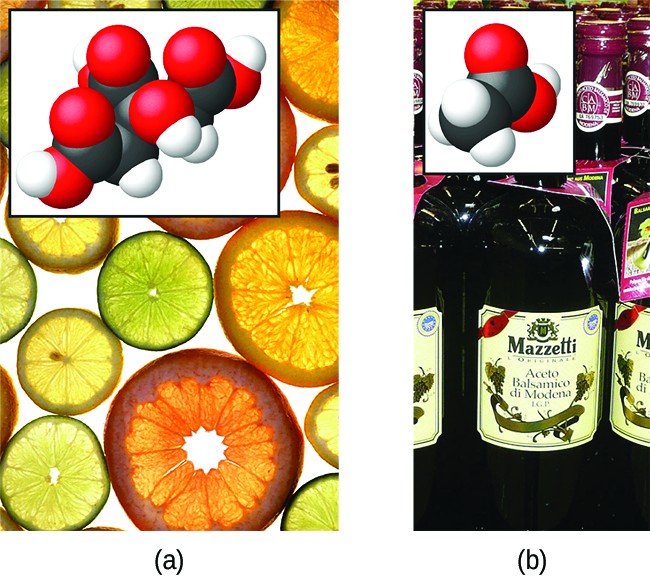 This figure contains two images, each with an associated structural formula provided in the lower left corner of the image. The first image is a photograph of a variety of thinly sliced, circular cross sections of citrus fruits ranging in color for green to yellow, to orange and reddish-orange. The slices are closely packed on a white background. The structural formula with this picture shows a central chain of five C atoms. The leftmost C atom has an O atom double bonded above and to the left and a singly bonded O atom below and to the left. This single bonded O atom has an H atom indicated in red on its left side which is highlighted in pink. The second C atom moving to the right has H atoms bonded above and below. The third C atom has a single bonded O atom above which has an H atom on its right. This third C atom has a C atom bonded below it which has an O atom double bonded below and to the left and a singly bonded O atom below and to the right. An H atom appears in red and is highlighted in pink to the right of the singly bonded O atom. The fourth C atom has H atoms bonded above and below. The fifth C atom is at the right end of the structure. It has an O atom double bonded above and to the right and a singly bonded O atom below and to the right. This single bonded O atom has a red H atom on its right side which is highlighted in pink. The second image is a photograph of bottles of vinegar. The bottles are labeled, “Balsamic Vinegar,” and appear to be clear and colorless. The liquid in this bottle appears to be brown. The structural formula that appears with this image shows a chain of two C atoms. The leftmost C atom has H atoms bonded above, below, and to the left. The C atom on the right has a doubly bonded O atom above and to the right and a singly bonded O atom below and to the right. This O atom has an H atom bonded to its right which is highlighted in pink.
