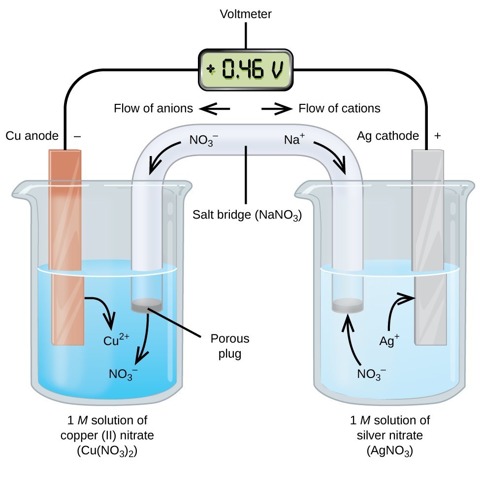 This figure contains a diagram of an electrochemical cell. Two beakers are shown. Each is just over half full. The beaker on the left contains a blue solution and is labeled below as “1 M solution of copper (II) nitrate ( C u ( N O subscript 3 ) subscript 2 ).” The beaker on the right contains a colorless solution and is labeled below as “1 M solution of silver nitrate ( A g N O subscript 3 ).” A glass tube in the shape of an inverted U connects the two beakers at the center of the diagram. The tube contents are colorless. The ends of the tubes are beneath the surface of the solutions in the beakers and a small grey plug is present at each end of the tube. The plug in the left beaker is labeled “Porous plug.” At the center of the diagram, the tube is labeled “Salt bridge ( N a N O subscript 3 ). Each beaker shows a metal strip partially submerged in the liquid. The beaker on the left has an orange brown strip that is labeled “C u anode negative” at the top. The beaker on the right has a silver strip that is labeled “A g cathode positive” at the top. A wire extends from the top of each of these strips to a rectangular digital readout indicating a reading of positive 0.46 V that is labeled “Voltmeter.” An arrow points toward the voltmeter from the left which is labeled “Flow of electrons.” Similarly, an arrow points away from the voltmeter to the right which is also labeled “Flow of electrons.” A curved arrow extends from the C u strip into the surrounding solution. The tip of this arrow is labeled “C u superscript 2 plus.” A curved arrow extends from the salt bridge into the beaker on the left into the blue solution. The tip of this arrow is labeled “N O subscript 3 superscript negative.” A curved arrow extends from the solution in the beaker on the right to the A g strip. The base of this arrow is labeled “A g superscript plus.” A curved arrow extends from the colorless solution to salt bridge in the beaker on the right. The base of this arrow is labeled “N O subscript 3 superscript negative.” Just right of the center of the salt bridge on the tube an arrow is placed on the salt bridge that points down and to the right. The base of this arrow is labeled “N a superscript plus.” Just above this region of the tube appears the label “Flow of cations.” Just left of the center of the salt bridge on the tube an arrow is placed on the salt bridge that points down and to the left. The base of this arrow is labeled “N O subscript 3 superscript negative.” Just above this region of the tube appears the label “Flow of anions.”