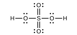 A Lewis structure is shown in which a sulfur atom is single bonded to four oxygen atoms. Two of the oxygen atoms have three lone pairs of electrons while the other two each have two lone pairs of electrons and are each singly bonded to a hydrogen atom.