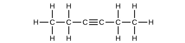 This figure shows a hydrocarbon chain with a length of six C atoms. The first C atom has three H atoms bonded to it, and it is also bonded to a second C atom. The second C atom has an H atom bonded above and below it. It is also bonded to a third C atom. The third C atom forms a triple bond to a fourth C atom. The fourth C atom forms a single bond with a fifth C atom which has two H atoms bonded above and below it. The sixth C atom has three H atoms bonded to it.