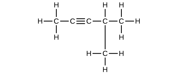This figure shows a hydrocarbon chain with a length of five C atoms. The first C atom (from left to right) has three H atoms bonded to it. It is also bonded to a second C atom. The second C atom forms a triple bond to a third C atom. The third C atom forms a single bond with a fourth C atom. The fourth C atom has an H atom bonded above it and a C atom bonded below it. The C atom bonded below the fourth C atom has three H atoms bonded to it. The fourth C atom is bonded to a fifth C atom. The fifth C atom has three H atoms bonded to it.