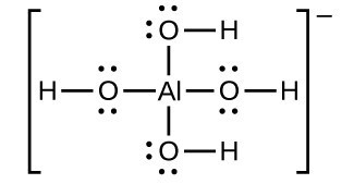 An H atom is bonded to an O atom. The O atom has 2 dots above it and 2 dots below it. The O atom is bonded to an A l atom, which has three additional O atoms bonded to it as well. Each of these additional O atoms has 4 dots arranged around it, and is bonded to an H atom. This entire molecule is contained in brackets, to the right of which is a superscripted negative sign.