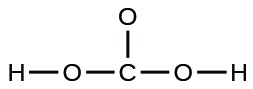 A Lewis structure is shown. A carbon atom is single bonded to three oxygen atoms. Two of those oxygen atoms are each single bonded to a hydrogen atom.