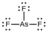 A Lewis structure shows an arsenic atom single bonded to three fluorine atoms. Each fluorine atom has a lone pair of electrons.