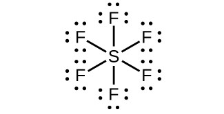 A Lewis structure shows a sulfur atom single bonded to six fluorine atoms, each of which has three lone pairs of electrons.