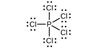 A Lewis structure shows a phosphorus atom single bonded to five chlorine atoms, each of which has three lone pairs of electrons.