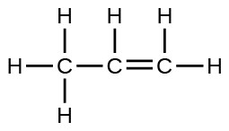 A Lewis structure is shown in which a carbon atom is single bonded to three hydrogen atoms and a second carbon atom. The second carbon is single bonded to a hydrogen atom and double bonded to a third carbon atom which is single bonded to two hydrogen atoms.