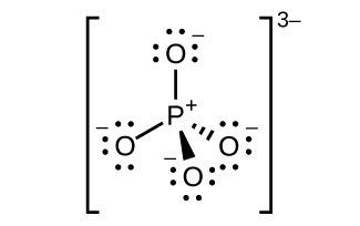 A Lewis structure is shown in which a phosphorus atom is single bonded to four oxygen atoms, each of which has three lone electron pairs and a negative sign.