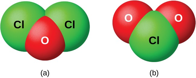 Figure 8. This image shows the structures of the (a) Cl2O and (b) ClO2 molecules.