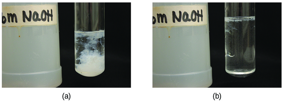 Figure 4. (a) Mixing solutions of NaOH and Zn(NO3)2 produces a white precipitate of Zn(OH)2. (b) Addition of an excess of NaOH results in dissolution of the precipitate. (credit: modification of work by Mark Ott)