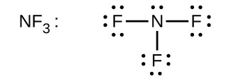 This Lewis structure shows a nitrogen atom, with one lone pair of electrons, single bonded to three fluorine atoms. Each fluorine atom has three lone pairs of electrons.