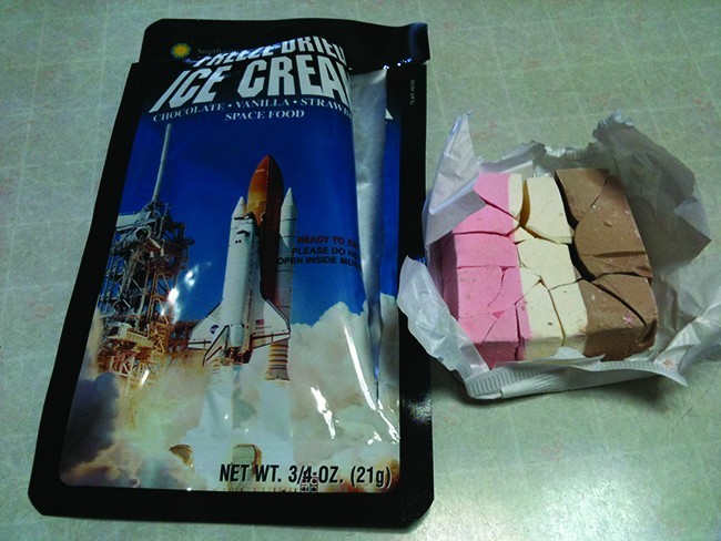 A photograph shows a packet of Freeze Dried Ice Cream, next to the contents of the package opened.