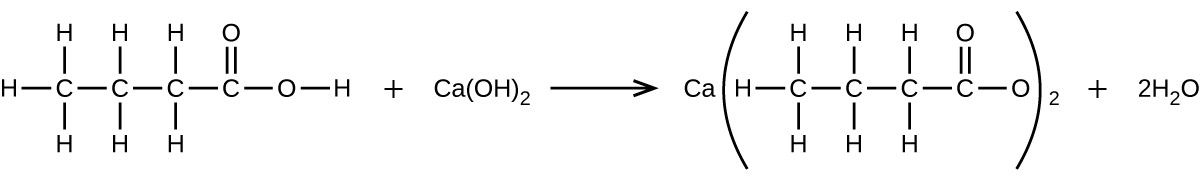 A chemical reaction is shown. To the left, a structural formula is provided for a molecule with a 4 C atom horizontal chain involving all single bonds between the C atoms. The three C atoms to the left have H atoms bonded above and below and the left most C atom also has an H atom bonded to its left side. The fourth C atom, which is toward the right end of the structure, has a double bonded O atom above and a single bonded O atom to its right. An H atom is bonded to the right of the single bonded O atom. This structure is followed by a plus sign, then the formula C a ( O H ) subscript 2. This is followed by a reaction arrow. To the right of this arrow is a structural formula that begins C a, and in parentheses has a 4 C atom horizontal chain involving all single bonds between the C atoms. The three C atoms to the left have H atoms bonded above and below, and the left most C atom also has an H atom bonded to its left side. The fourth C atom, which is toward the right end of the structure, has a double bonded O atom above and a single bonded O atom to its right. Outside the parentheses is a subscript 2. This structure is followed by a plus sign and 2 H subscript 2 O.