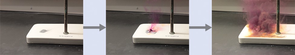 This figure shows three photos with an arrow leading from one to the next. The first photo shows a small pile of iodine and aluminum on a white surface. The second photo shows a small amount of purple smoke coming from the pile. The third photo shows a large amount of purple and gray smoke coming from the pile.