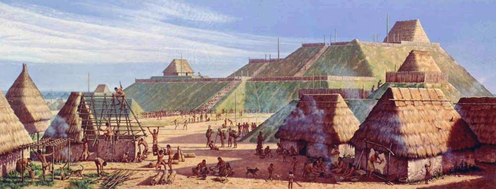 An artist's rendering of the Cahokia Mounds site when it was populated. People are shown constructing homes. Each home has stone walls and a roof made of a wood frame and straw.