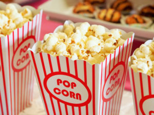 Popcorn in a popcorn holder.