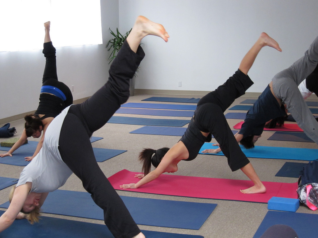 Five people in a yoga studio doing a yoga pose called three-legged dog: both hands are on the mat, head is down, one foot on the floor about a yard behind the hands, the other foot is extended straight up in the air. 