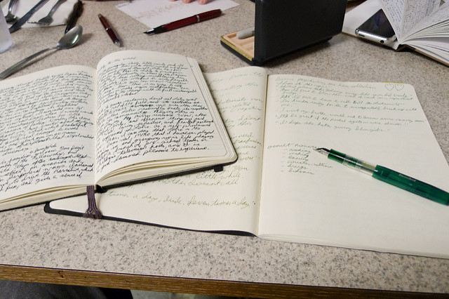 Two open journals on a table