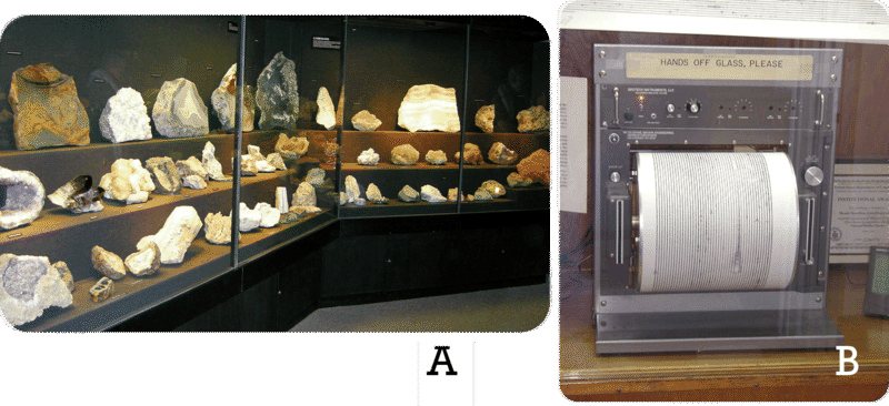 A two part figure. Part A: A glass display case of several types of minerals. Part B: A seismograph. A paper roll inset in a device that records the strength of earthquakes.